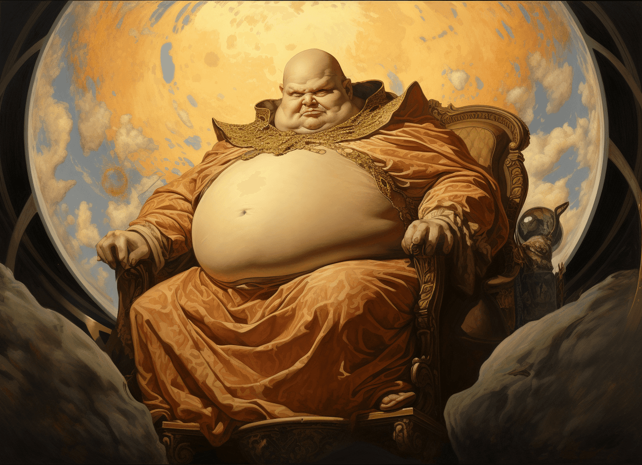 AI generated: A fat man sitting on an elegant throne holding the planet Earth in his hand, in the style of Moebius...