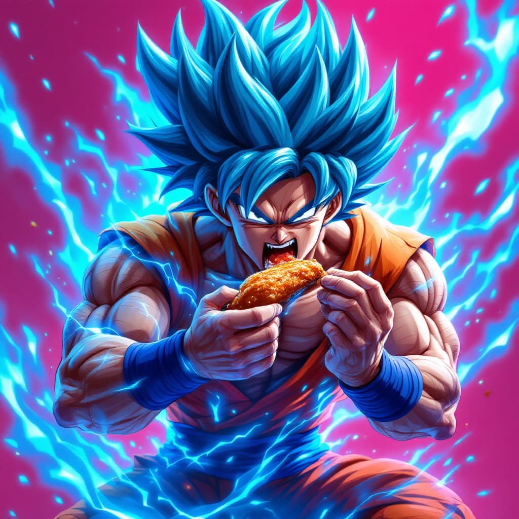 AI generated: realistic style, Goku eating chicken wing with one hand and other chicken wing in his other hand, ra...