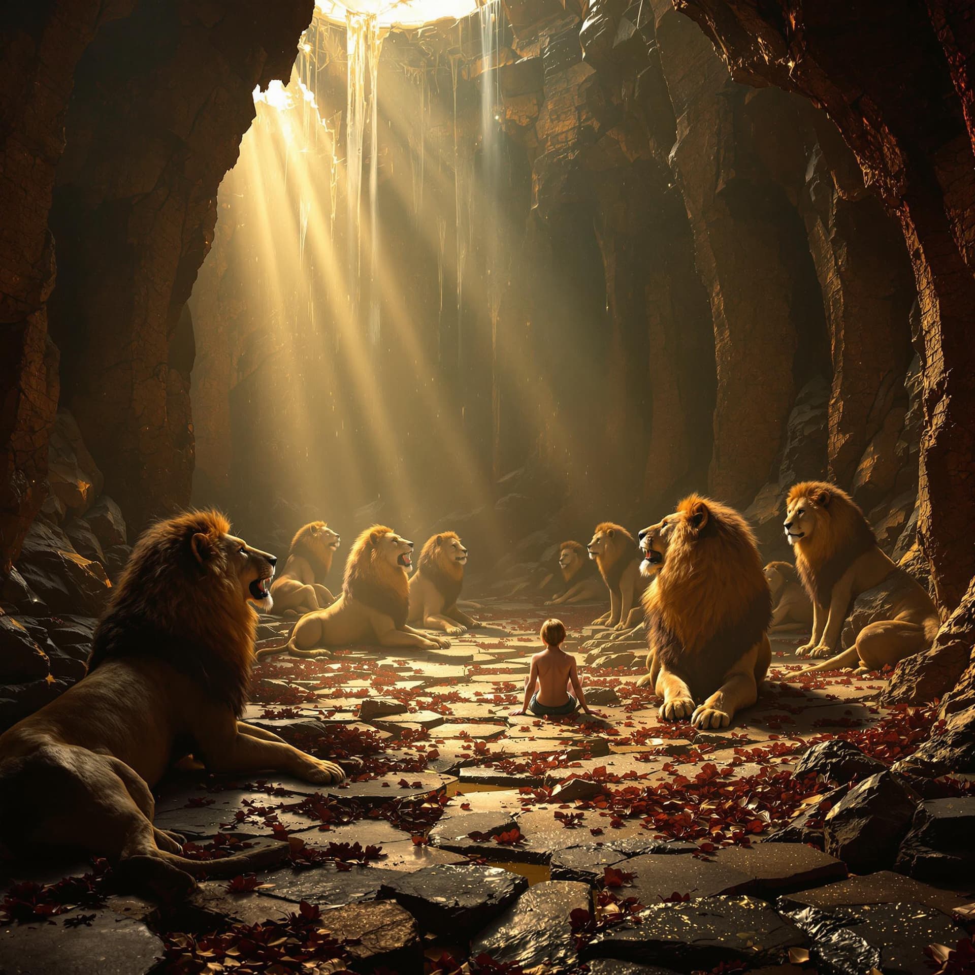 AI generated: imagine prompt: maximalist Daniel in the Lions Den - Briton Riviere, 7 lions where each one represen...