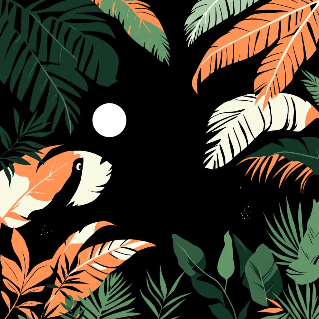 AI generated: graphic jungle scene illustration background for a 3x3 grid. in the center is a small white circle. ...