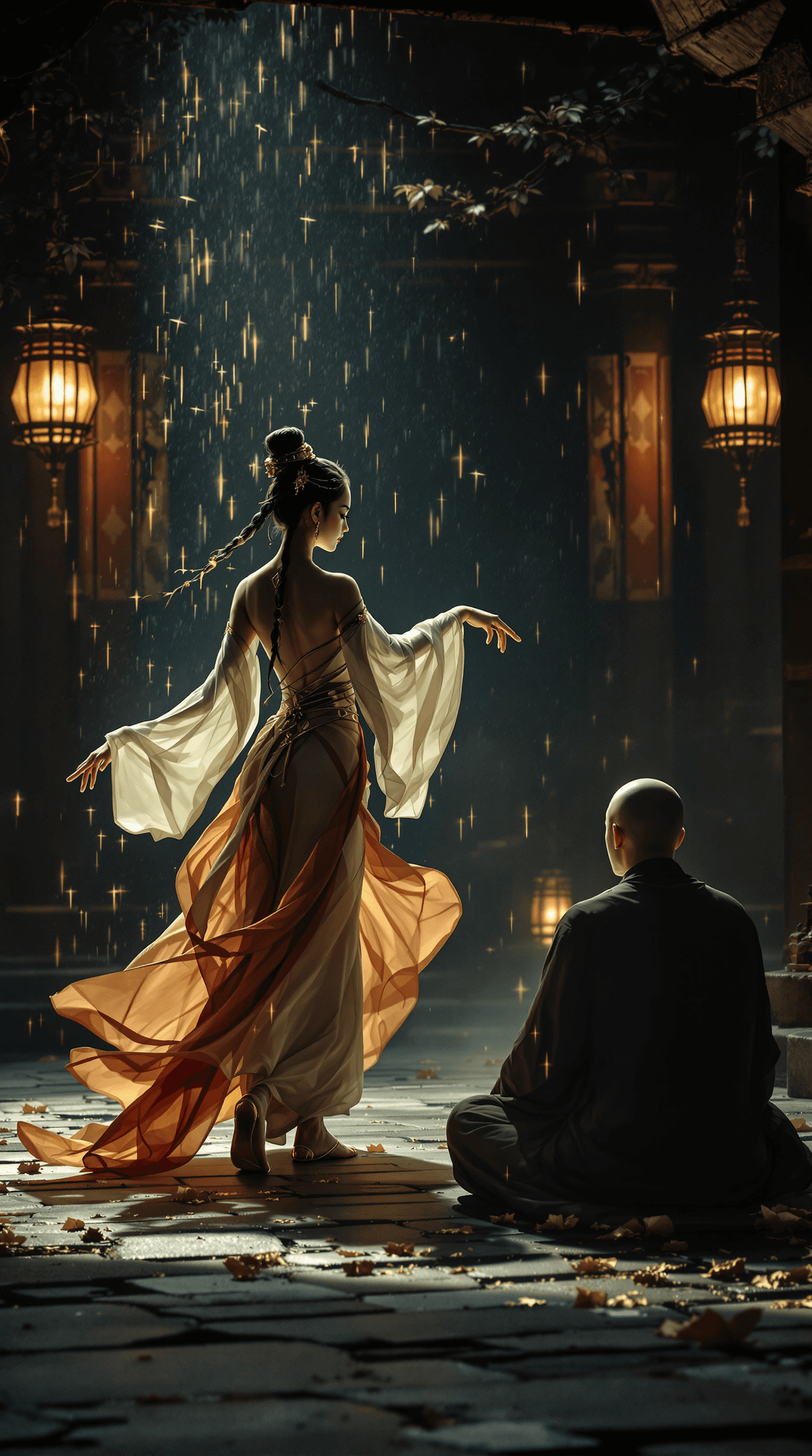 AI generated: close-up shot, create ultra hd 4k hyper realisitic, Under the dim glow of oil lamps, the courtesan d...