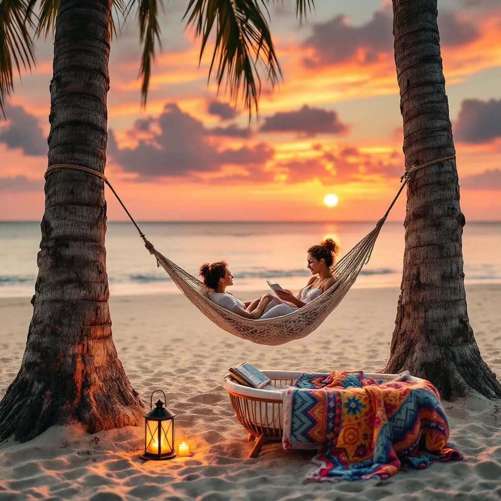 AI generated: a hammock hanging between two tree trunks on a sandy beach. The hammock is tied to the trunk of one ...