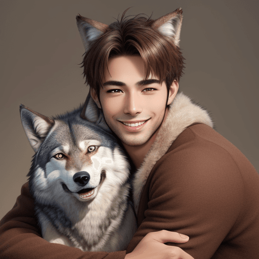 AI generated: attractive male, snuggle, wolf, brown tone, clamp, uniformly staged images, smiling