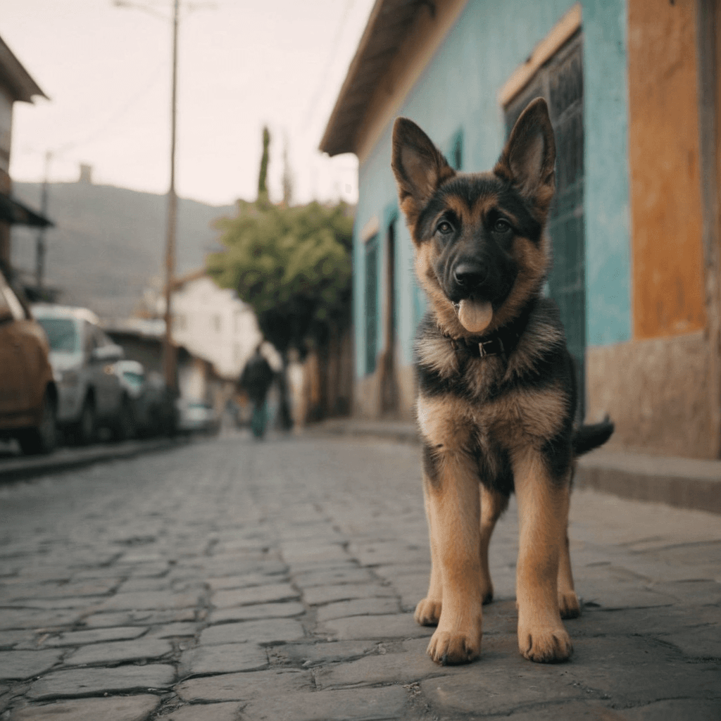 AI generated: A German Shepherd puppy wandering the streets of Chile, South America