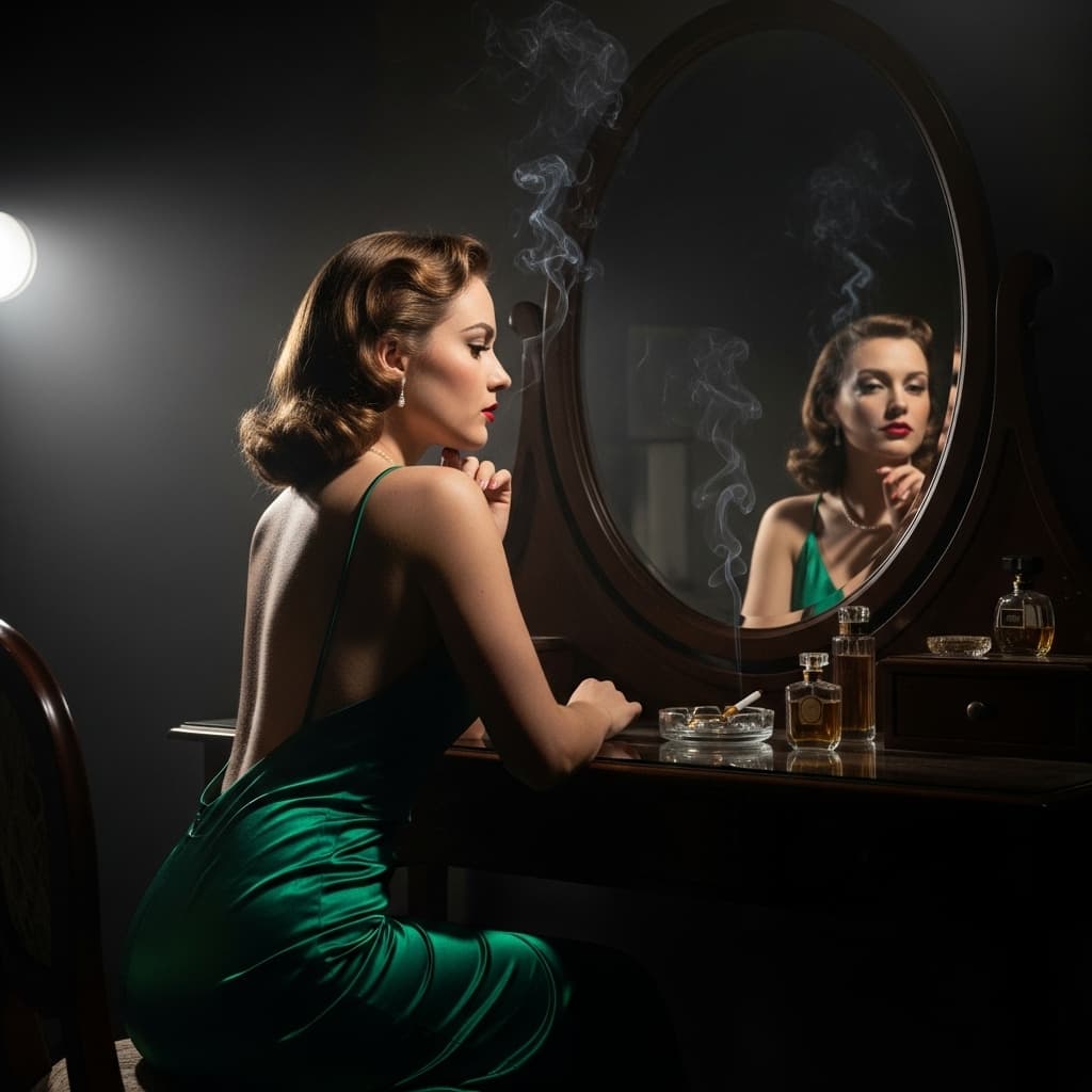 AI generated: cinematic photo in film noir style, a seductive woman in a form-fitting satin evening gown, sitting ...