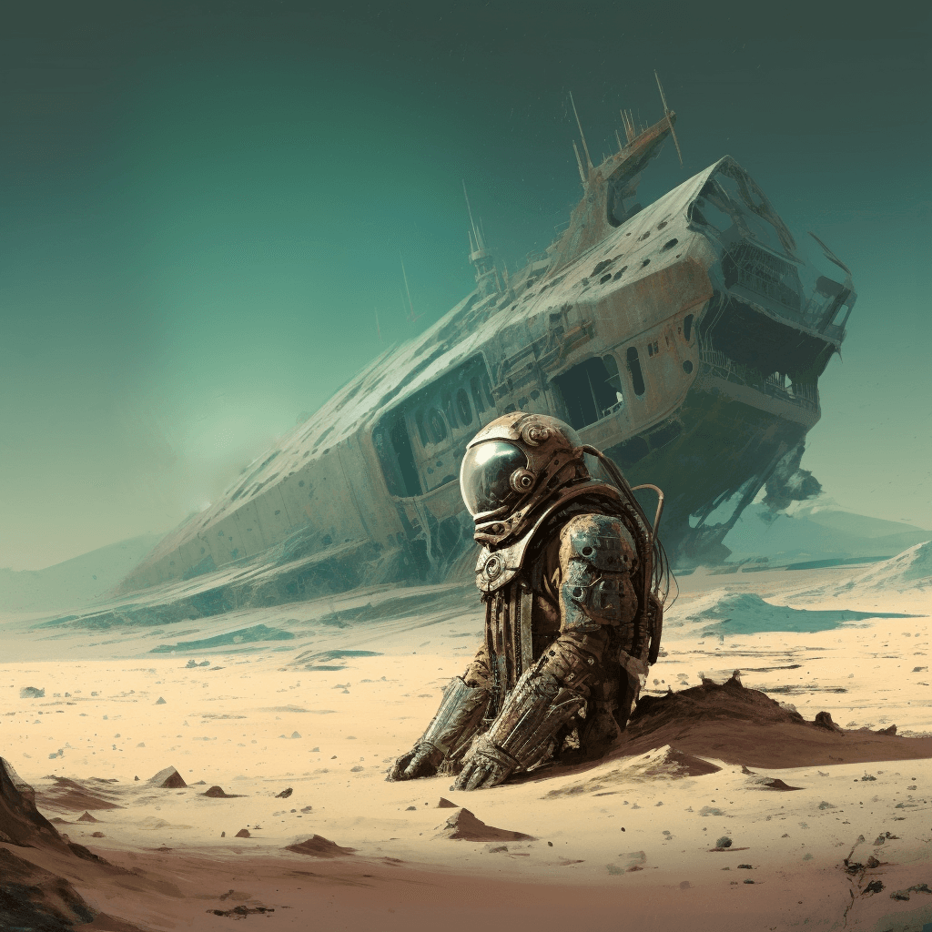AI generated: death on an alien planet ship wreck, sci fi
