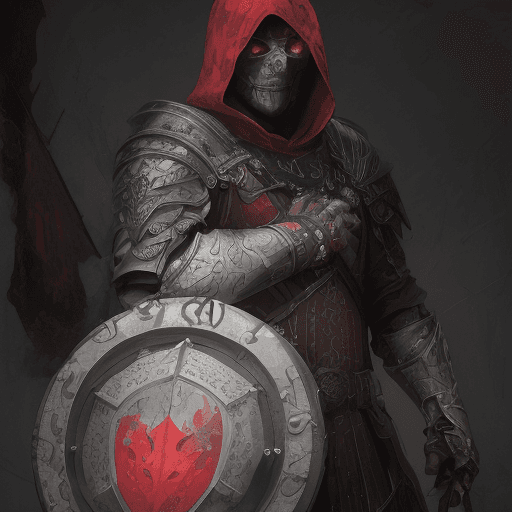 AI generated:  man cleric-necromancer from the Middle Ages, with face covered by shade of dark-red hood, in scaled...