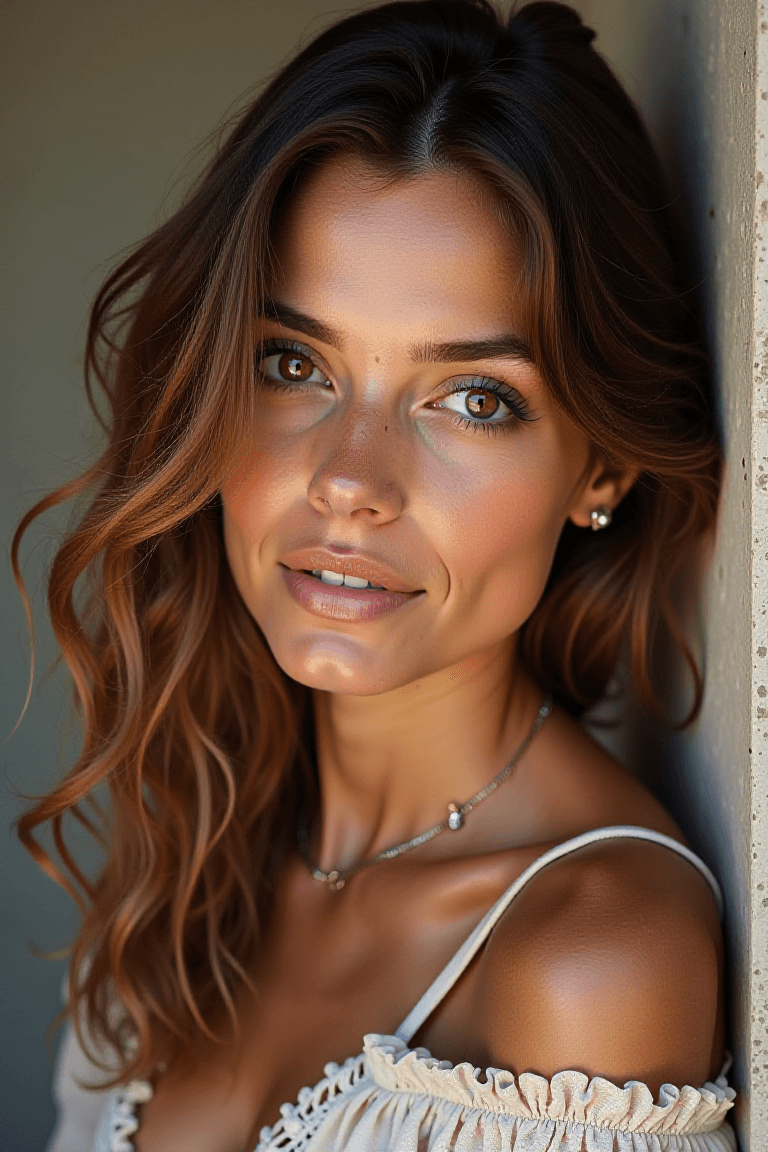 AI generated:  The image is a portrait featuring a young woman with striking eyes leaning against a wall or railin...