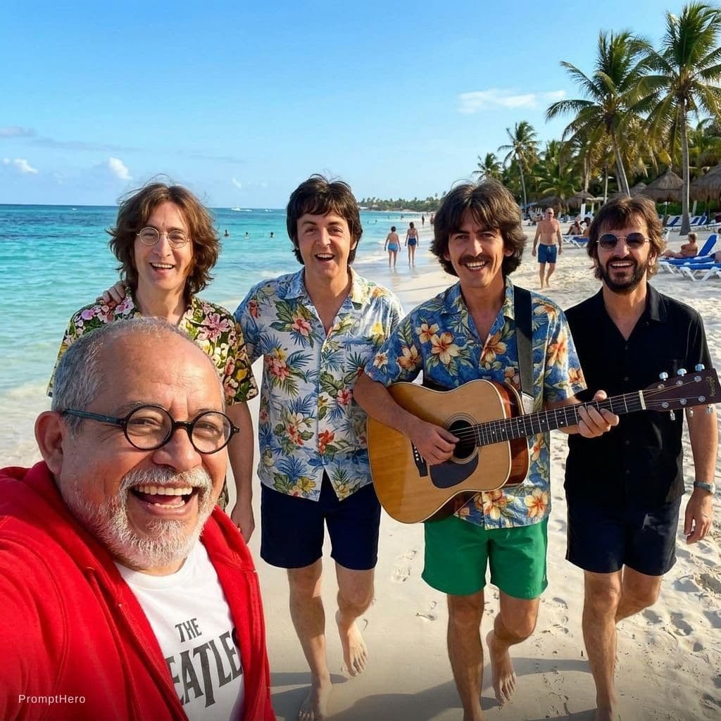 AI generated: with the beatles at a tropical beach, sunny day, both smiling