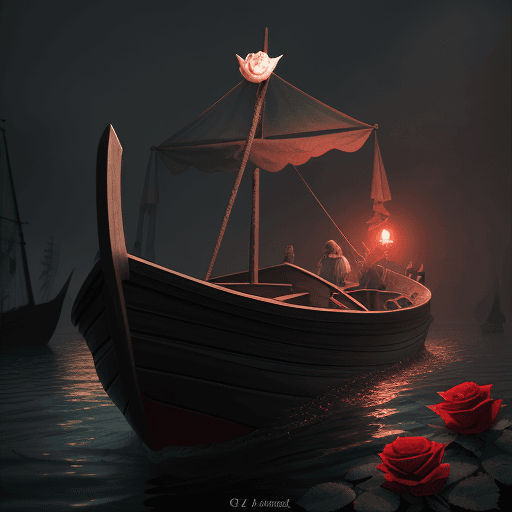 AI generated: a rose in a boat in the niddle of hell, --q 5 --v 5