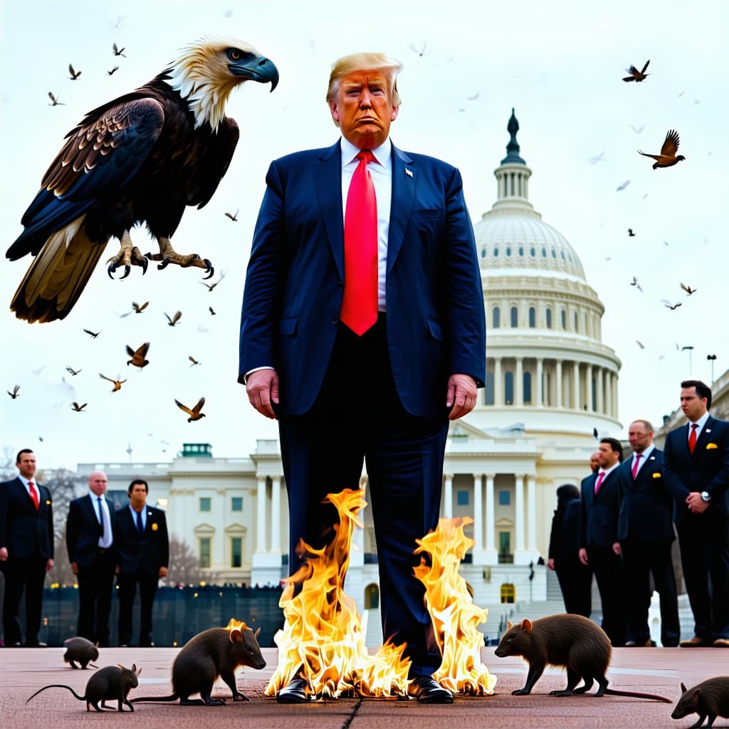 AI generated: Liar, Liar. Pants on fire. The President of the country. Standing up and facing the camera. High det...