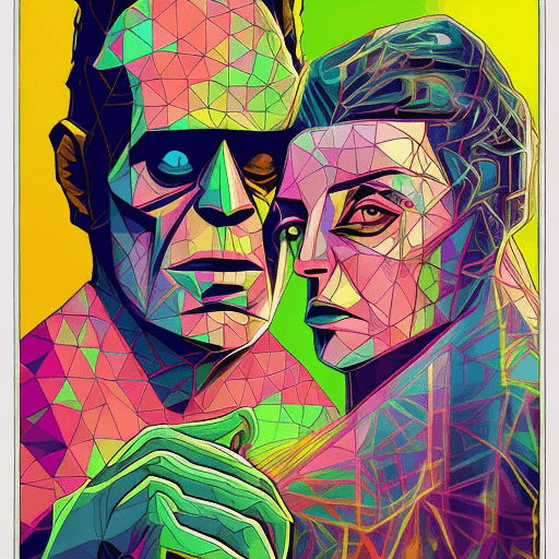 AI generated: geometric abstract portrait of Frankenstein kissing the bride of Frankenstein , bright vibrant color...