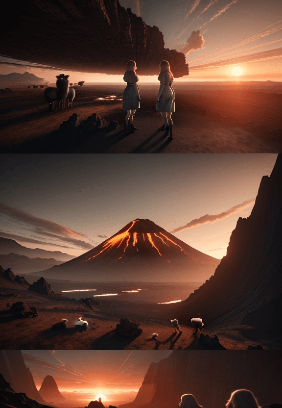 AI generated: Photo of a ultra realistic landscape, two girls and to lambs go into a Volcano, mid-century style at...