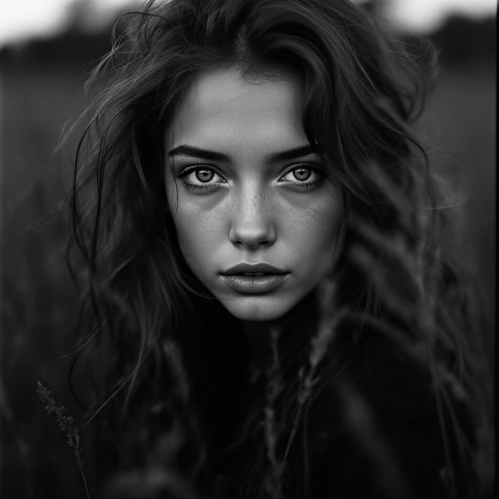 AI generated: a young woman standing in the grass, in the style of stark black-and-white photography, hasselblad 1...