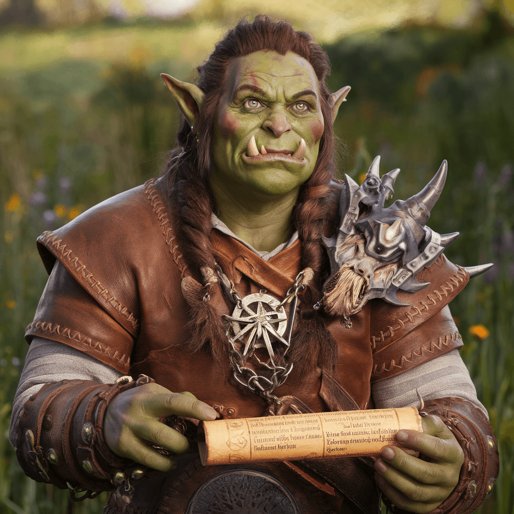 AI generated: D&D orc farmer warlock with a metallic dragon's brand visible under their leather armor.