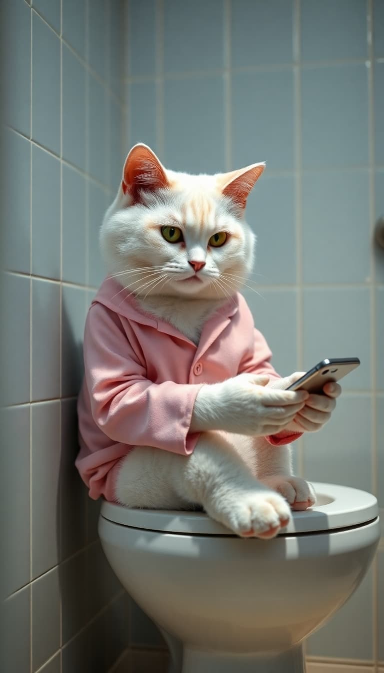 AI generated: strong dramatization, anthropomorphic real white cat wearing light pink pajamas with pattern, sittin...