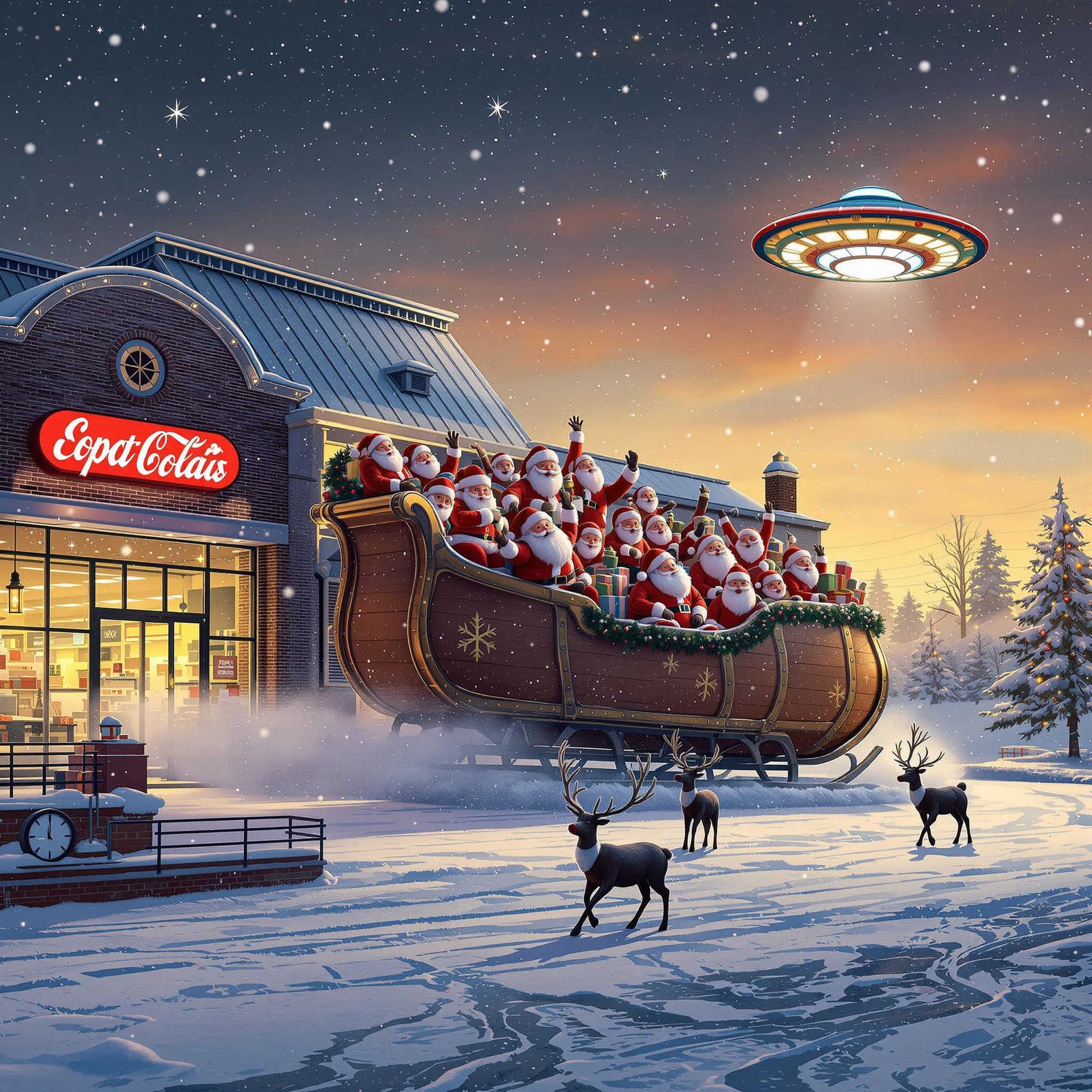 AI generated: In an oversized shopping barreling out of a dept store in the snow, with 10 animated santas riding i...