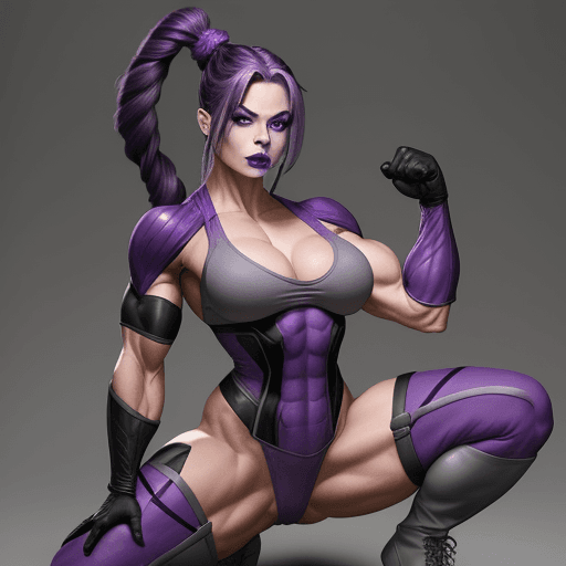 AI generated: muscular woman, pale skin, superhero outfit, cleavage, purple braided hair, purple ponytail hair, bl...