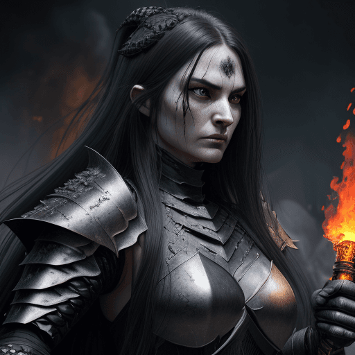 AI generated: Realistic women with black scary armor, Holding fire Sword,human face,long hair, perfectly detailed ...