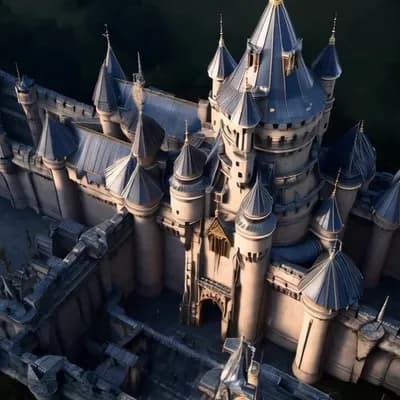 AI generated video: Top view of hyper detailed supermassive royal castle, from dark fantasy, CGI, depth focus, Volumetri...