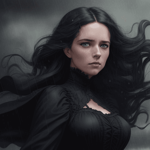 AI generated: A woman in a black Victorian dress with wind-blown hair appears through the rain in an unbelievable ...