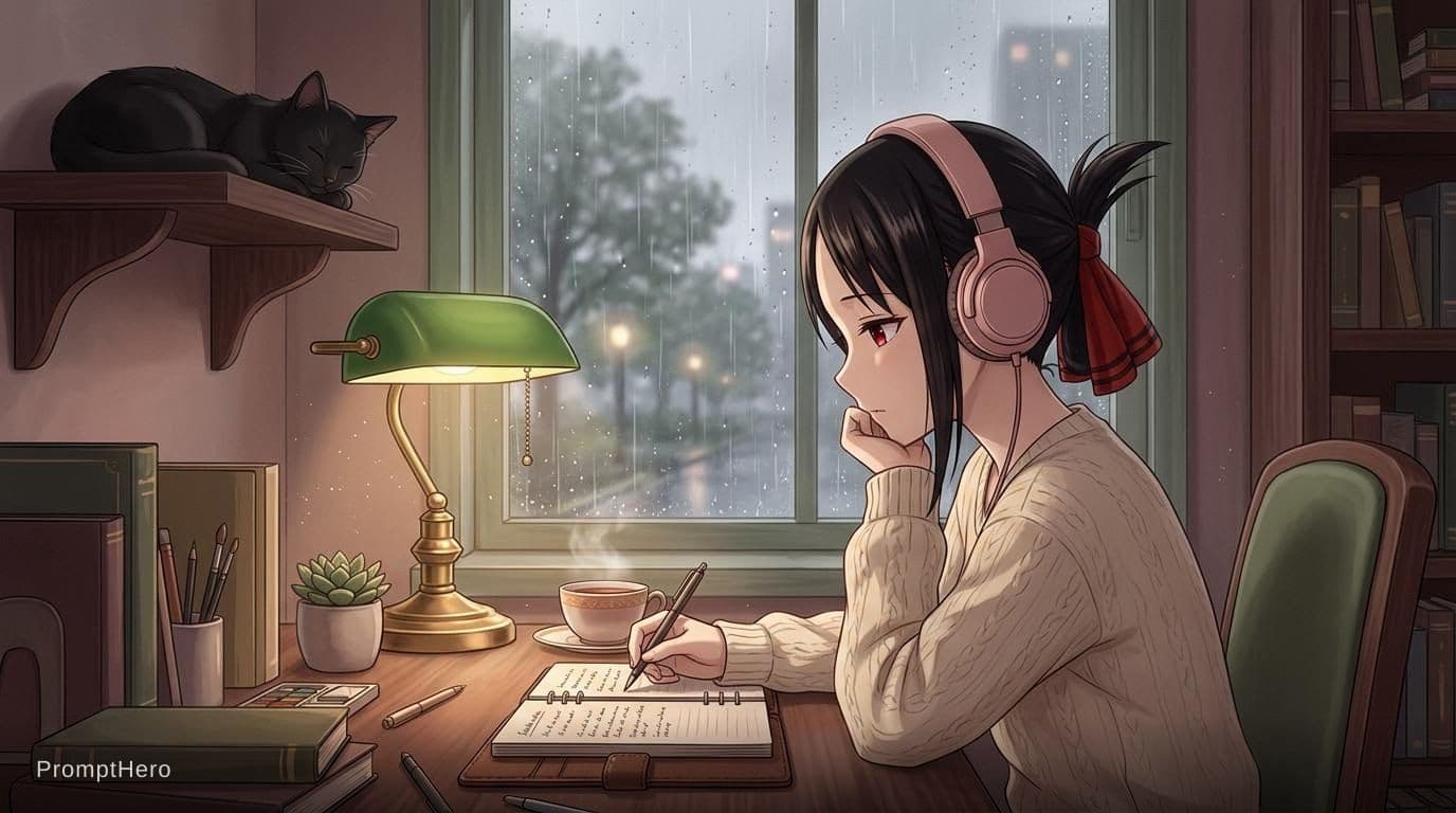 AI generated: Send me a photo of you studying near window, sitting at a desk, cozy room, rain outside, soft pastel...