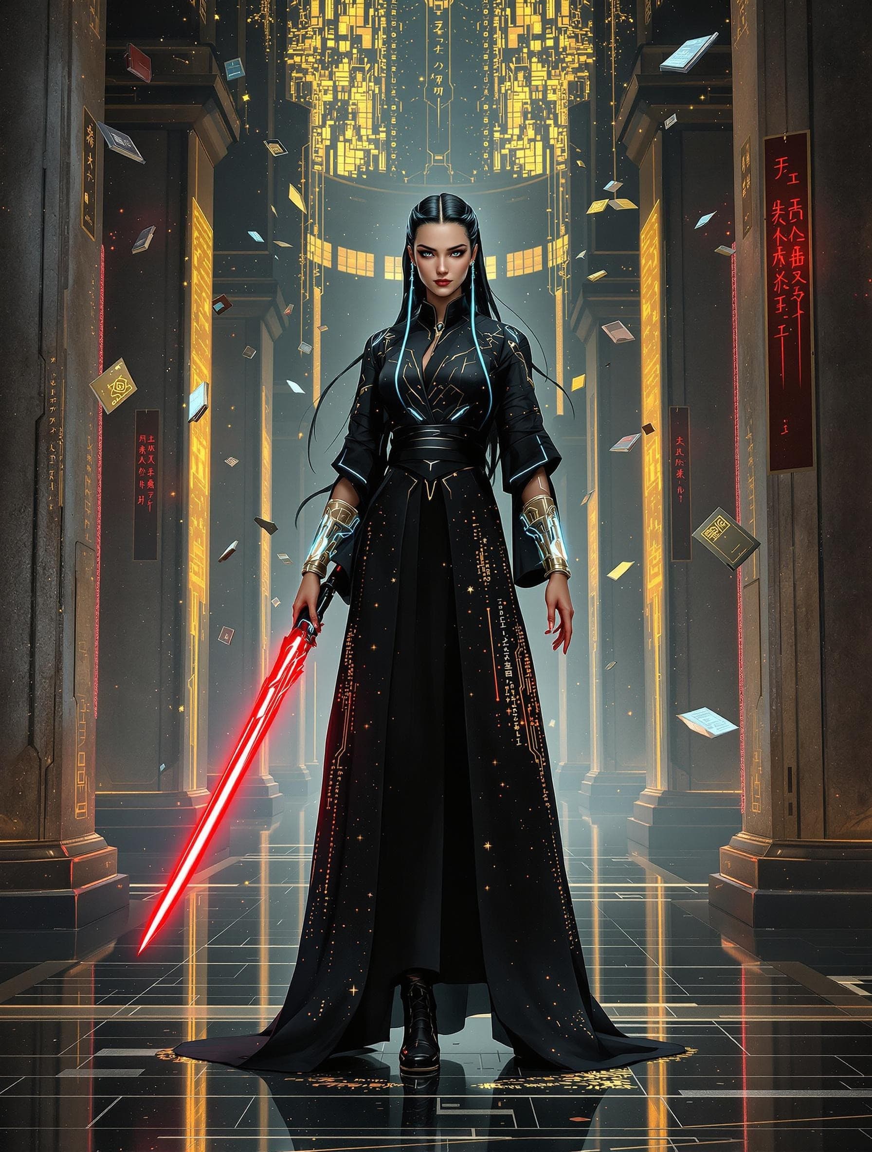 AI generated: 1 woman, futuristic librarian aesthetic, calm and expressionless, silver eyes, long black hair braid...