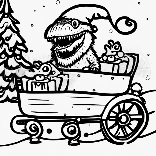AI generated: cute cartoon t-rex with santa hat on sleigh in the snow. line drawing only. will be used by kids to ...