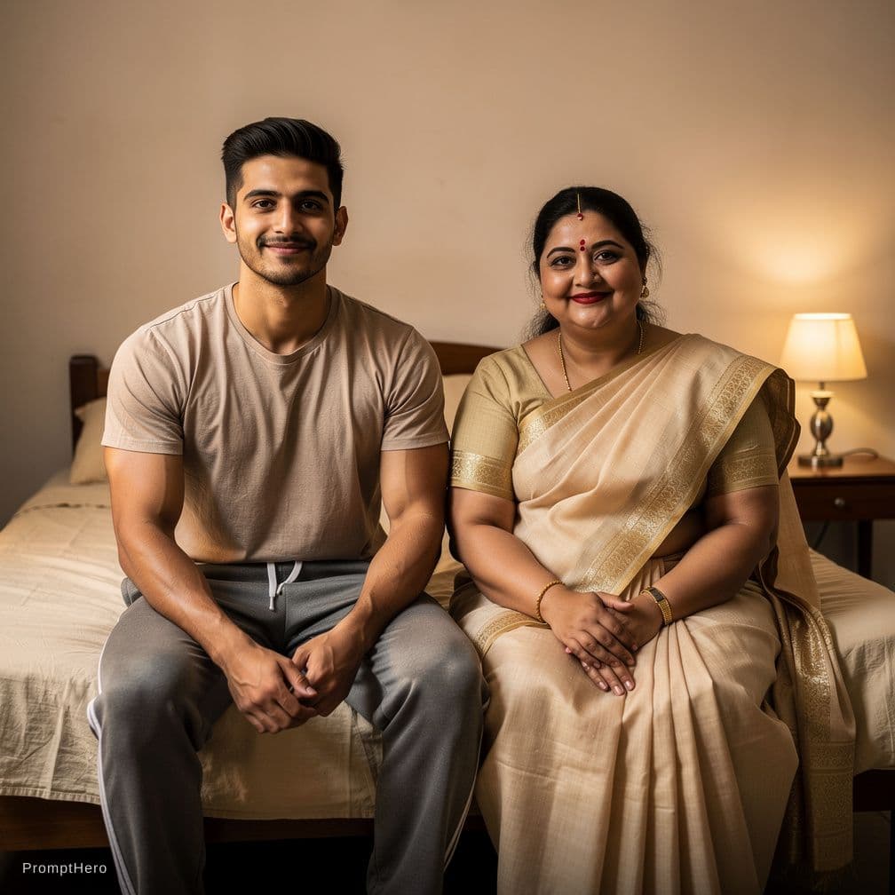 AI generated: A 24 year fair , athletic ,  indian boy wearing only a underwear showing abs  sharing a bed with her...