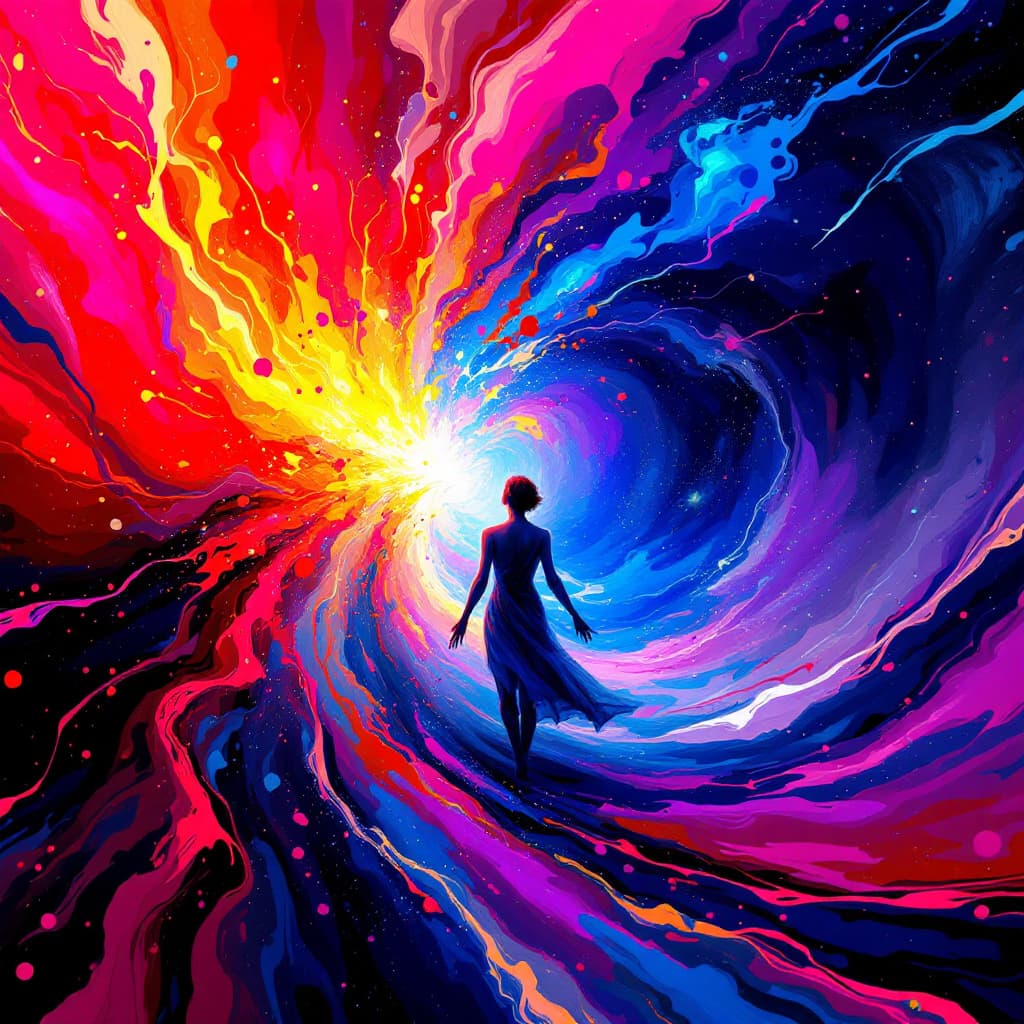 AI generated: abstract artwork, figure seemingly dissolving into a vast explosion of color, splashes of fiery reds...
