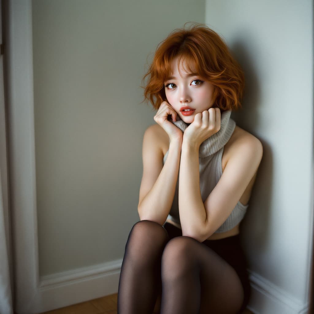 AI generated: photo, a cute Asian woman, oily, sitting pose, on wood flooring the corner, cottage core home,  natu...