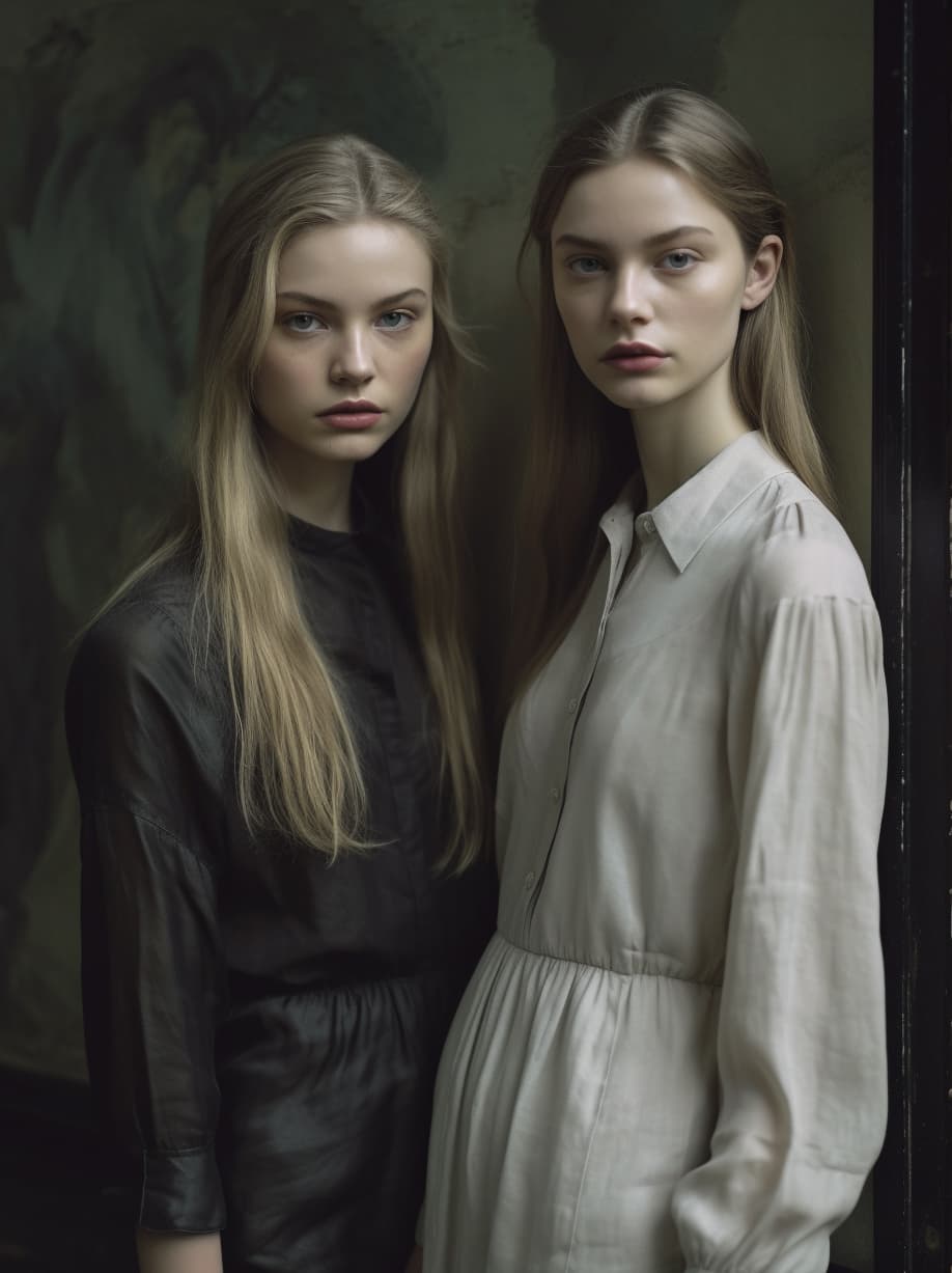 AI generated: a couple of women standing next to each other, in style of paolo roversi, still from a music video, ...