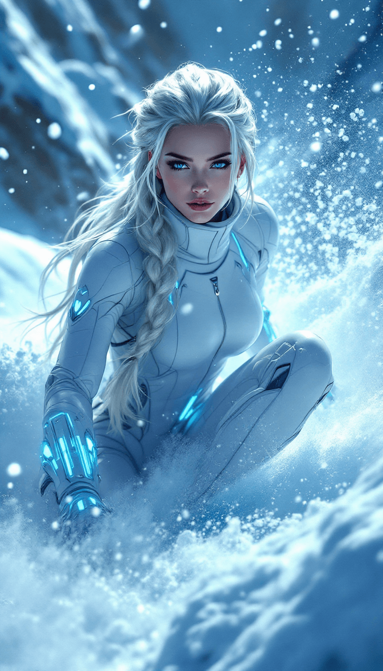 AI generated: Eira "Frost" Valen from the Glacial Guard, exudes a cool, elegant poise with her long, platinum blon...