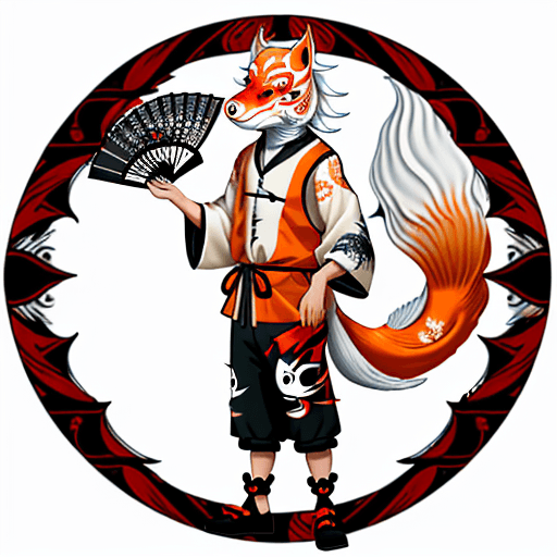 AI generated: a fisherman holding a huge fan tail goldfish. He is wearing a kitsune mask and dressed in a style re...