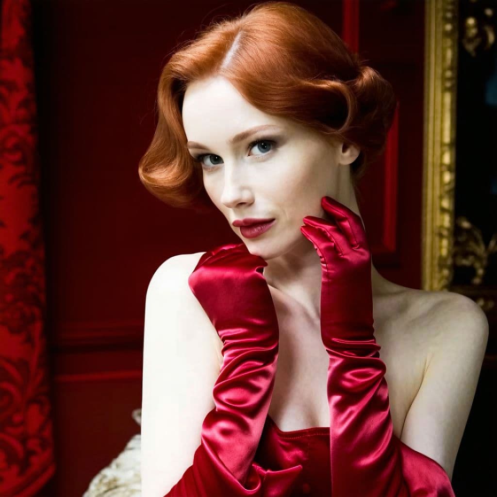 AI generated: erotic woman ,in a luxuriously sureal Dimension, she is complete Ginger-haired ,red satin gloves