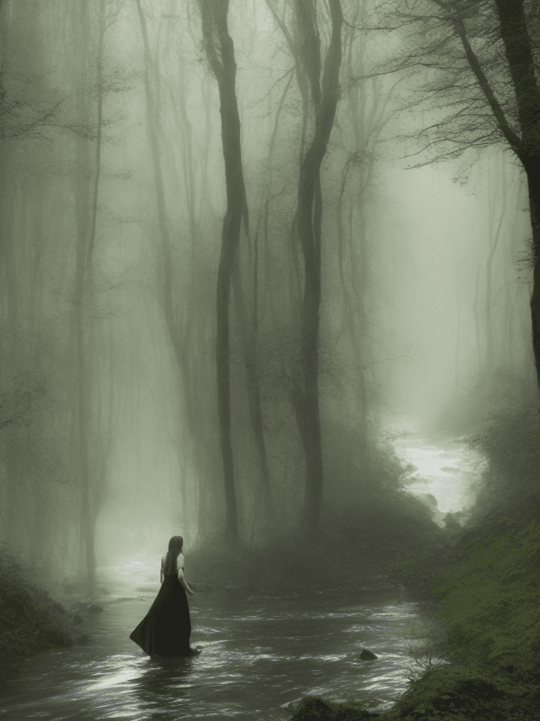AI generated: woman walking toward me through a stream, long dress, forest, dark, mystical, fog