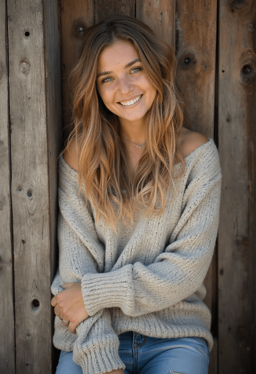 AI generated: A beautiful young woman leans casually against the weathered wooden planks of a old wall, her beauty...
