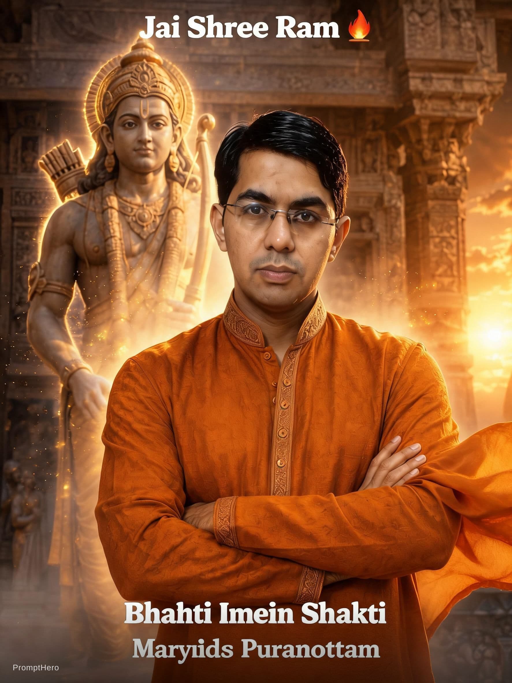 AI generated: Create a cinematic devotional video of a confident young Indian man standing in front of a massive d...