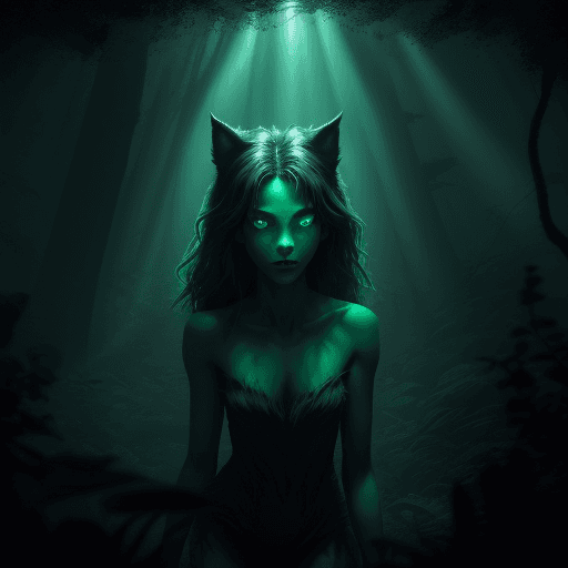 AI generated: A young female werewolf prowling the deep, dark reaches of the forest at night, her emerald green ey...