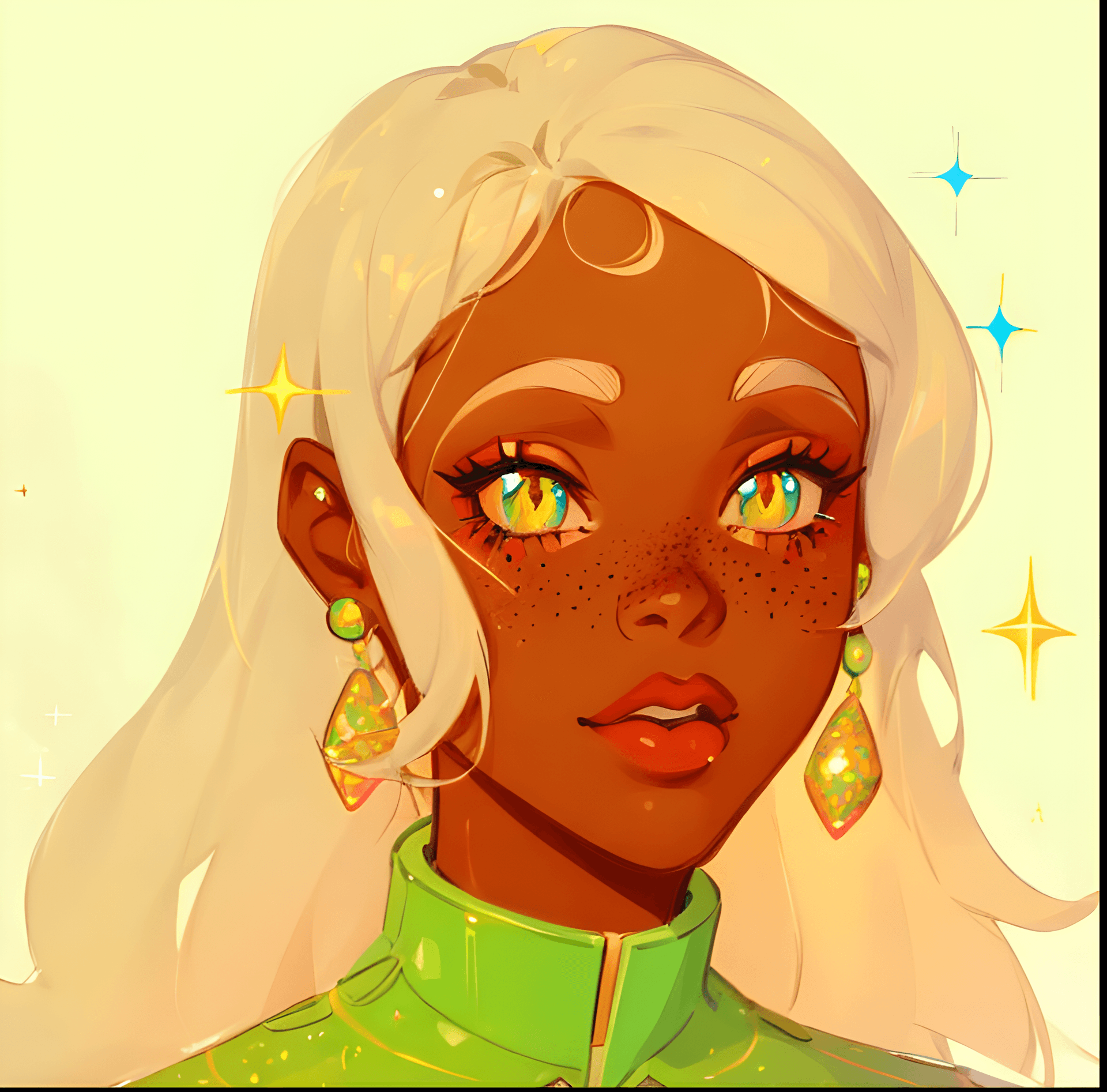 AI generated: a drawing of a woman with freckles on her face, inspired by loish, afrofuturism, a girl with blonde ...