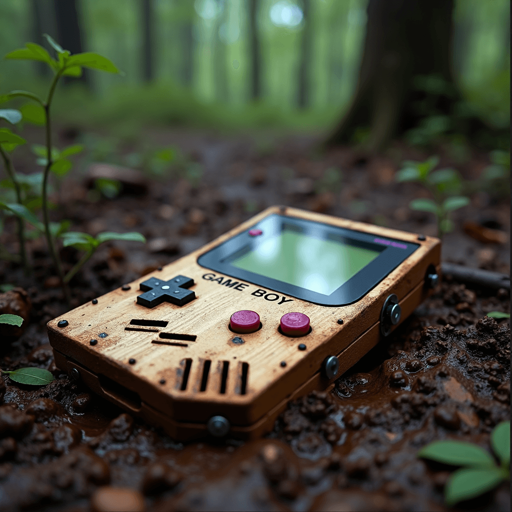 AI generated: laying on a ground obscured by a mud a gameboy made of rustic wood boards fastened with nails,workin...