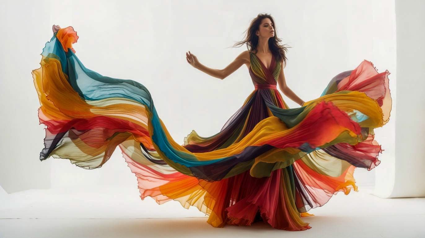 AI generated: Generate a high-fashion image of a female model wearing a flowing multicolored chiffon gown with dra...