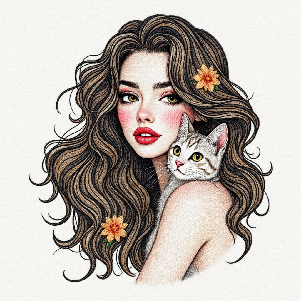 AI generated: Embroidery pattern woman, wavy long hair and cat look at her,