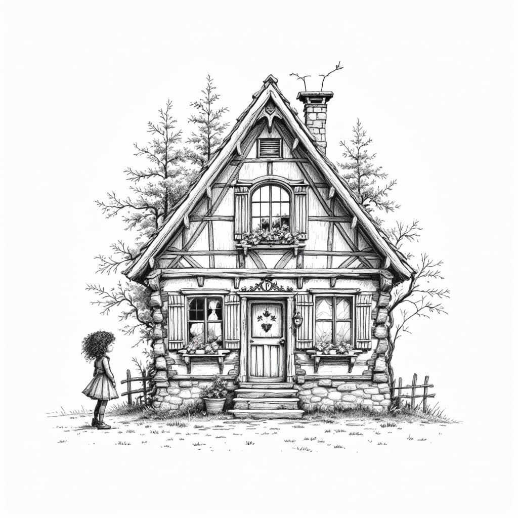 AI generated: pencil drawing of a small bavarian wooden house, behind it a few trees and a sweet curly girl in fro...