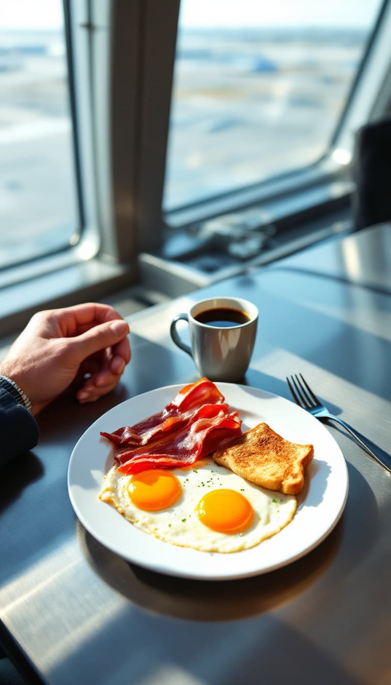 AI generated: First-person view, sleek metal table with a white plate holding a hearty breakfast of sunny-side-up ...