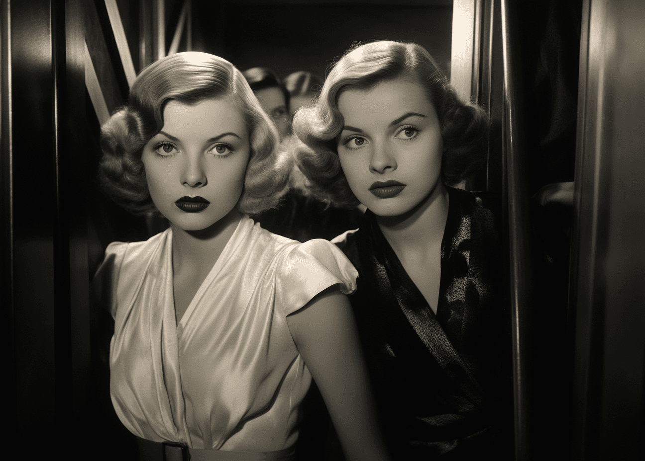 AI generated: A black and white movie still from the film The Lady Vanishes, showing two women with short hair pla...