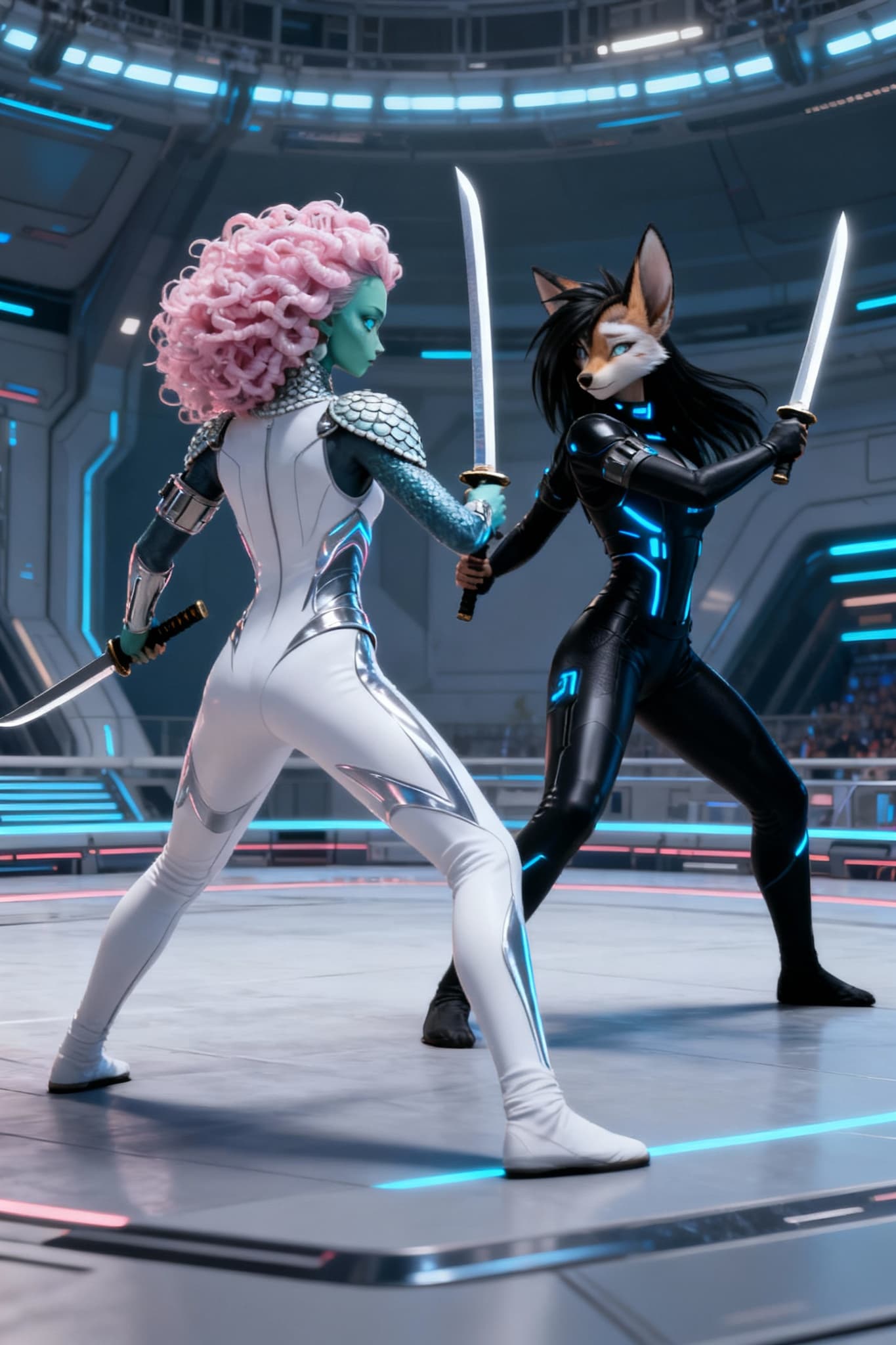 AI generated: By Right of Combat. Two females back-to-back in a pose for the upcoming battle. They do battle for t...
