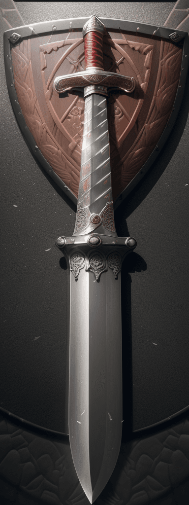 AI generated: A heater shield that has a carving of a sword on the front of the shield, with a letter U and a bord...