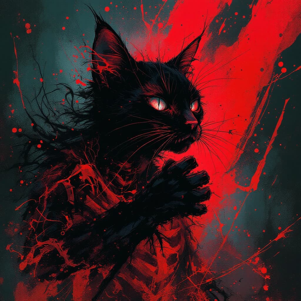 AI generated: the art of black cat, in the style of junglecore, haunting imagery, jan matejko, miyamoto musashi, r...