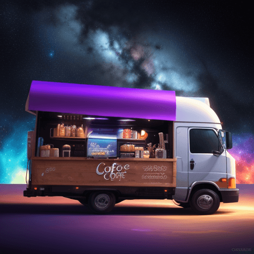 AI generated: a floating coffee shop space truck in parked in the cosmic galaxy selling tasty drinks, Hyperrealist...